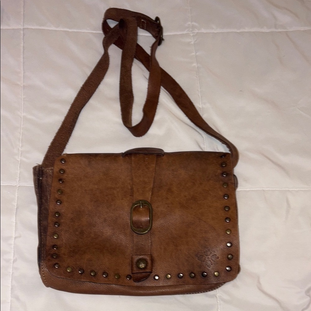 Patricia Nash Brown Italian Leather Crossbody Bag with Stud Accents